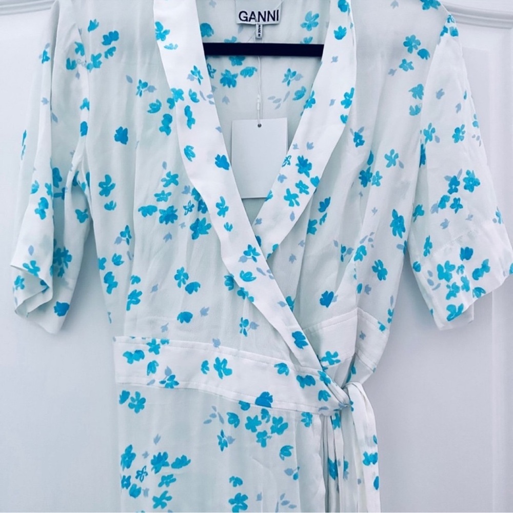 Ganni High Low Wrap Dress - White and Blue Floral 38 - Picture 5 of 8